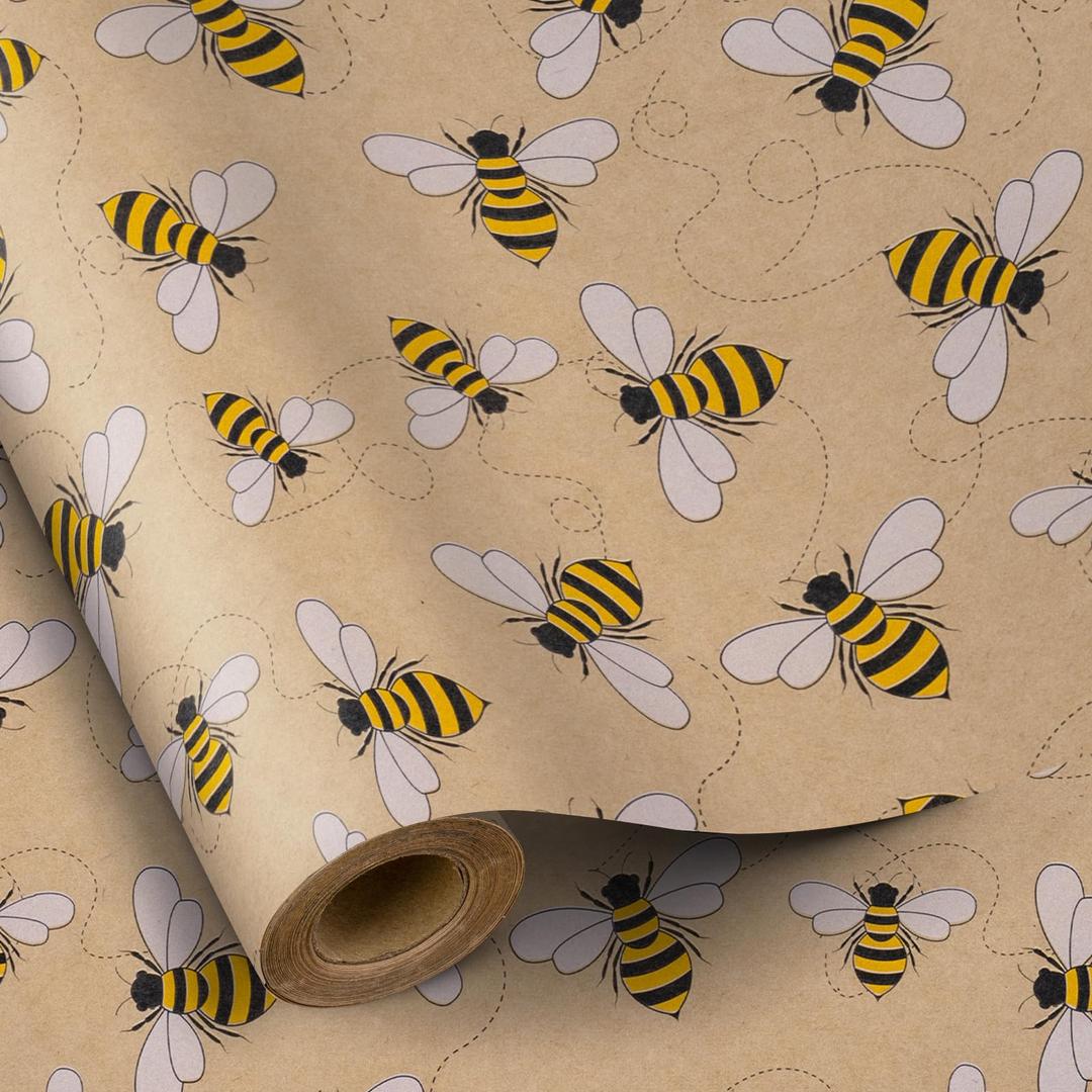 RUSPEPA Bee Wrapping Paper Roll, Mini Roll, Honey Bee Design Kraft Gift Wrap Paper Great for Birthday, Party, Holiday, Baby Shower, 17 Inches X 32.8 Feet