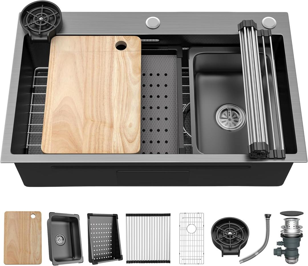 YITAHOME Drop In Kitchen Sink Workstation 30 Inch, Top mount Stainless Steel Nano Gunmetal Black Sink w/Glass Rinser, Cutting Board, Handmade Single Bowl Sink with Accessories 30 x 18 x 10in