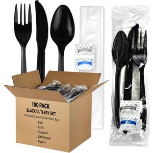 KitchenDine 100 Pack Medium Weight Wrapped Black Plastic Cutlery Pack with Napkin and Salt/Pepper Packets (Black)