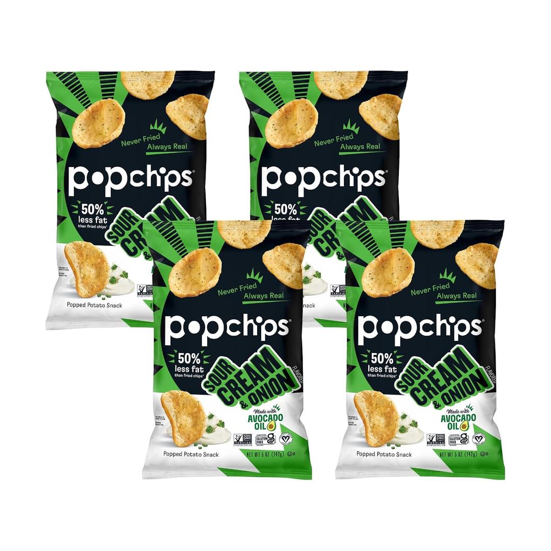 Popchips Potato Chips, Sour Cream & Onion, 4ct 5.0oz Share Bags, Low-Calorie and Gluten Free, Salty Snacks for Adults and Children, Kosher Snack, 130 Calories Per Serving (EXP 01/01/27)