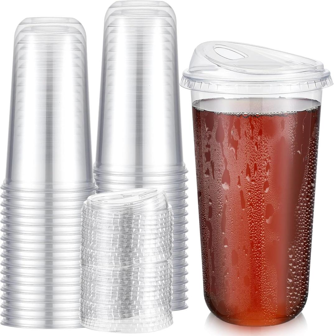 Ziliny 50 Sets Clear Plastic Coffee Cups with Sip Lids, Disposable Plastic PET Crystal Cups for Iced Coffee, Smoothie, Cold Beverage, Drink Shops and Party Catering(Clear, 20 oz)
