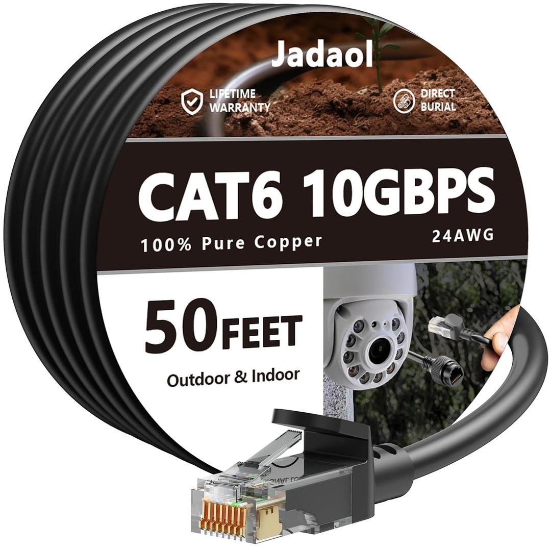 Cat6 Outdoor Ethernet Cable 50ft, 24AWG 10Gbps Support Cat8/7 Network, Pure Copper, Direct Burial Waterproof Underground Anti-UV (1Ft 3Ft 5Ft 10Ft 15Ft 20Ft 30Ft 40Ft 50Ft 60Ft 75Ft 100Ft 150ft 200ft) (Black)