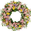 Faux Silk Cherry Blossom Flower Spring Summer Easter Wreath 24-26" for Front Door  Pink Purple Yellow Plum Blossom Green Eucalyptus Leaves  Farmhouse Front Porch Decor, Outdoor Indoor Use