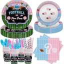 MEHOFOND 192Pcs Football Gender Reveal Party Decorations, Football Pom Poms Disposable Tableware Set, Football Paper Plates and Napkins Cups, Football Baby Shower He or She Party Decor, Serve 24