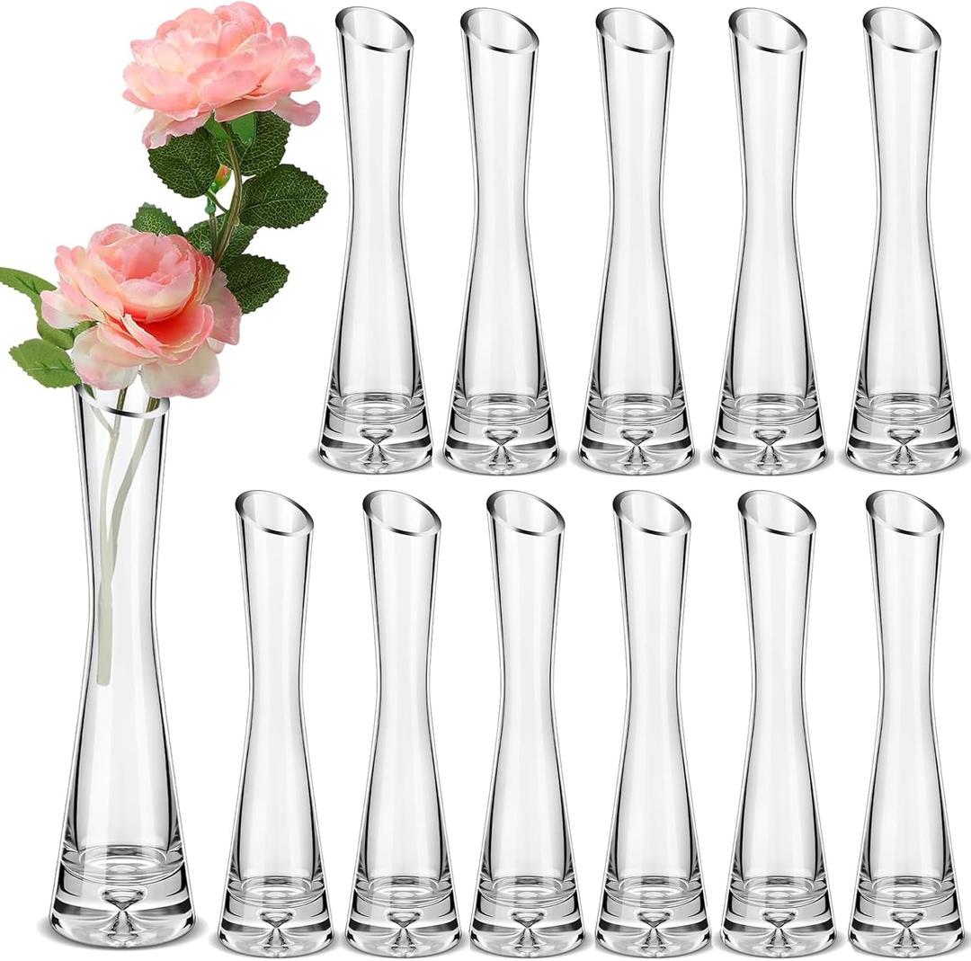 12 Pcs Glass Bud Vases for Centerpieces, 7.87 Inch Maria Bud Vase Clear Slant Vase Small Skinny Decorative Slim Single Flower Vase for Wedding Party Event Home Office Decoration