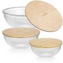 dokaworld Stackable Space-Saving Nesting  Glass Bowls with Bamboo Lids for Foodprep, Storage, Mixing & Cooking - Microwave & Oven Safe BPA Free Durable Heat Resistant Inert Borosilicate Glass