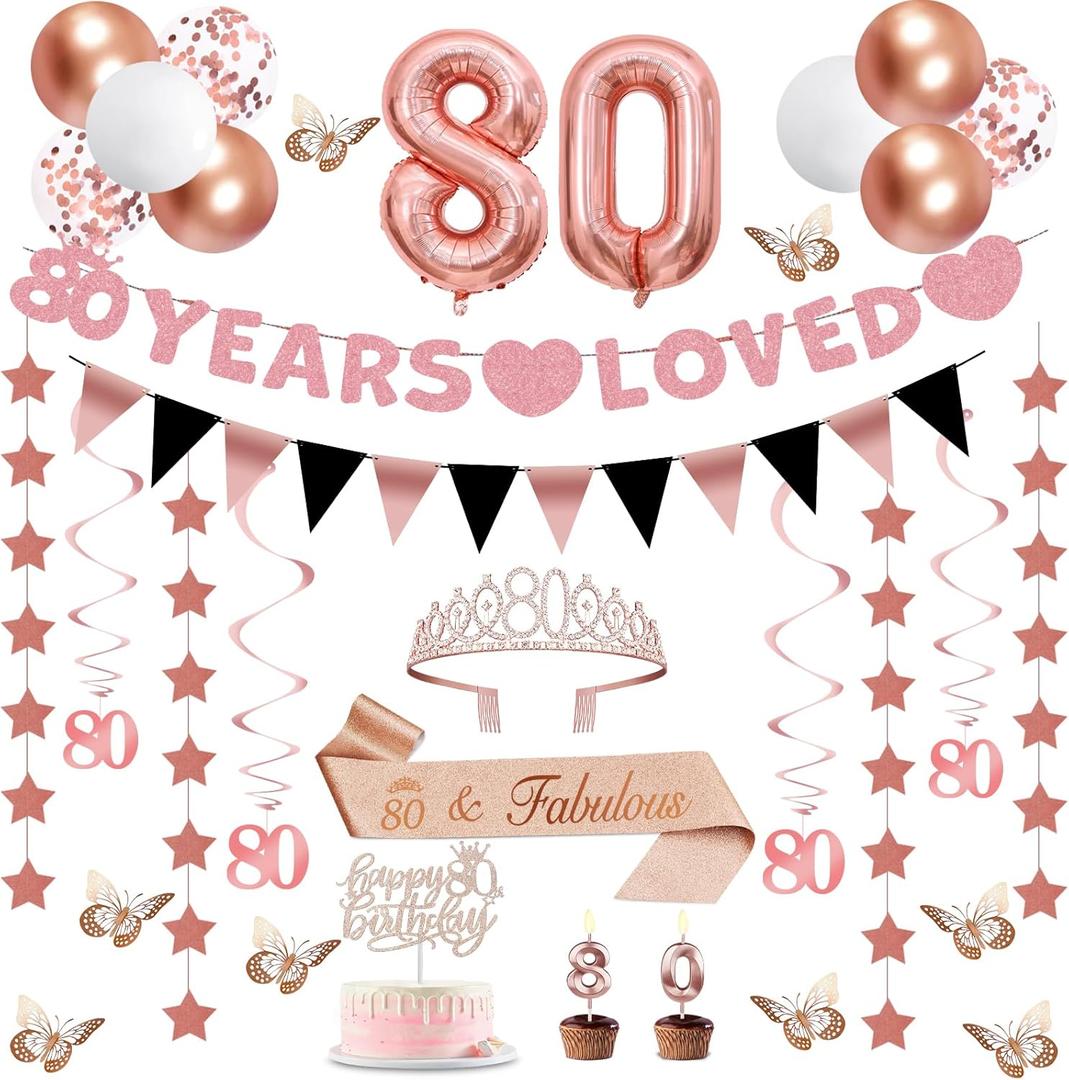 32Pcs 80th Birthday Decorations for Women with Banner, Hanging Swirls, Balloons, Crown and Sash, Cake Topper and Candles, Womens 80th Birthday Decorations Rose Gold