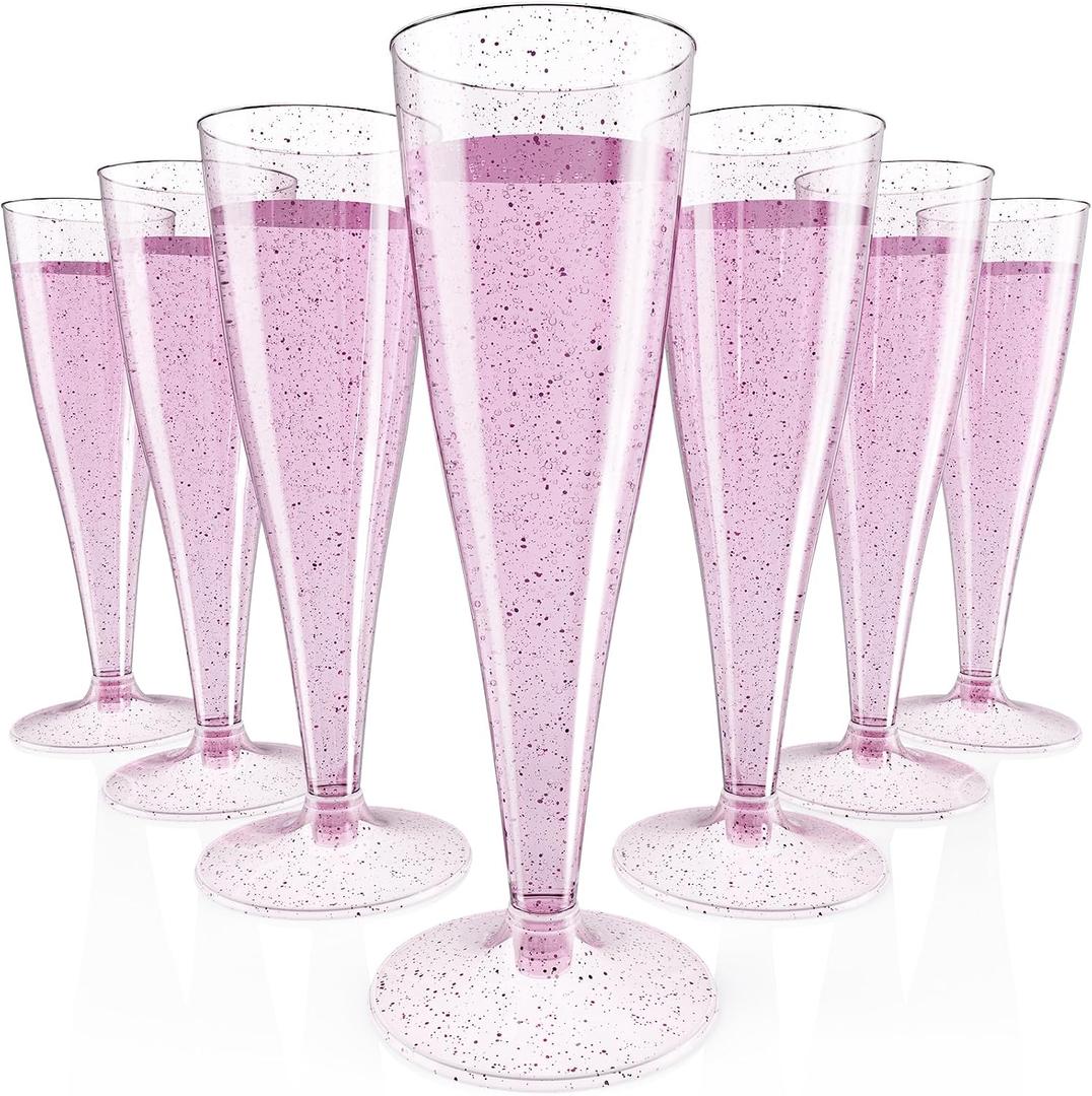 JOLLY CHEF 100 Pack Plastic Champagne Flutes Disposable 4.5 oz Purple Glitter Plastic Champagne Glasses Suitable for Wedding, Thanksgiving Day, Christmas