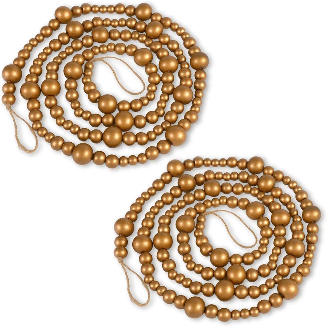 2PCS Christmas Wood Beads Garland 14.4 Feet Wooden Bead Garland Boho Ornaments for Christmas Tree, Xmas Vintage Rustic Farmhouse Round Craft Bead Hanging Holiday Decorations(Gold) (2pcs 7.2Ft)