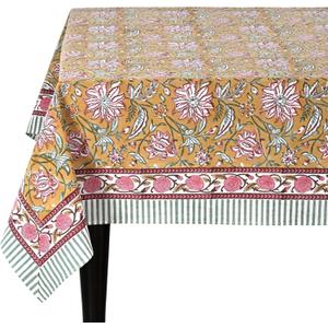 Ridhi Biscotti Yellow Hand Block Print Cotton Rectangle Tablecloth 108" x 70" inches Reusable Table Cover Decorative Everyday Use for Dining Room, Farmhouse, Home Gift for Spring, Mother's Day