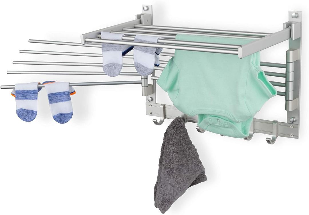 BGT Wash Clothes Drying Rack Wall Mount Laundry Room Organizer with Hooks & Swing Arms, 17" Metal Laundry Rack Silver