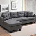 Wakefit Sectional Sofa Couch, Modern 4-Seaters Living Room Furniture Sets with Reversible Chaise Lounge & 2 Pillows | L Shape Couch | Cup Holders | Linen Fabric, Gray (96 Inches, Grey)