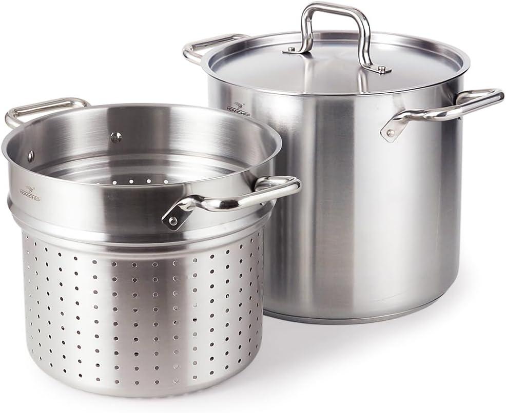 HOMICHEF 13 Quart Nickel Free Stainless Steel Pasta Pot With Strainer and Lid - Commercial Grade Stainless Steel Veggie Steam Baskets - Matte Polished 13 Quart Induction Steamer Pots Strainer Set, 13QT - Matte Polished - NICKEL FREE & NO COATING