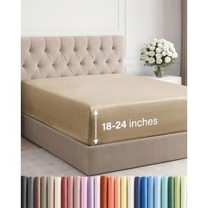 Extra Deep Queen Fitted Sheet - Hotel Luxury Single Fitted Sheet Only - Easily Fits 18 inch to 24 inch Mattress - Ultra Soft, Wrinkle Free with Extra Deep Pockets - Breathable & Comfy - Heathered Tan