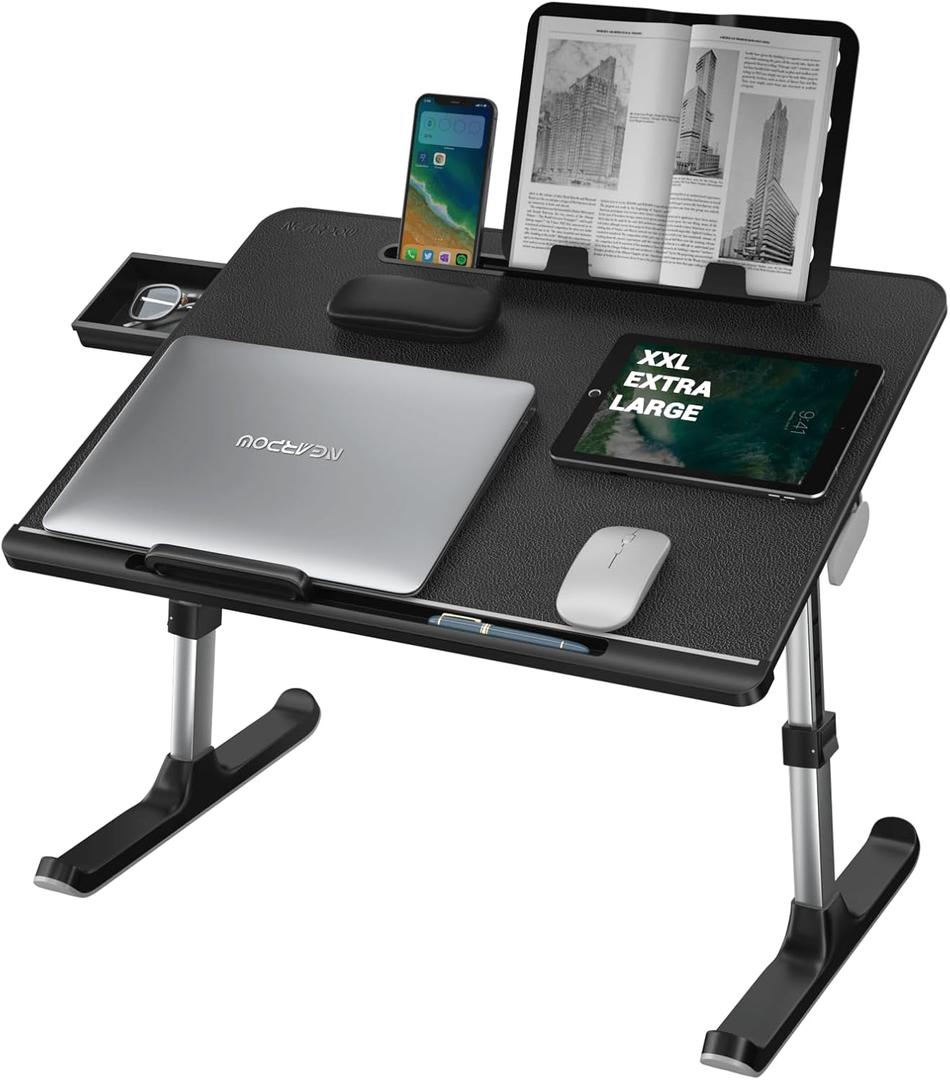 Laptop Desk for Bed, NEARPOW XXL Bed Table for Laptop and Writing, Adjustable Computer Tray Foldable Laptop Stand for Bed or Sofa W/Anti-Slip Faux Leather, Removable Stopper, Book Stand & Drawer Black