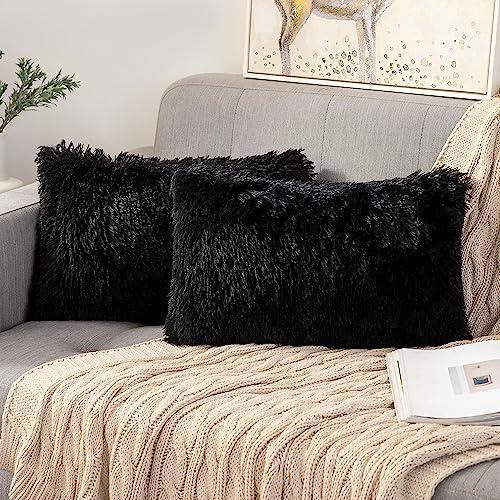 ANRODUO Pack of 2 Black Throw Pillow Covers Luxury Fluffy Pillows Faux Fur Decorative Pillows Plush Cushion Case Fuzzy Mongolian Merin Style for Bed Couch Sofa Living Room Spring Decor 12x20 Inch
