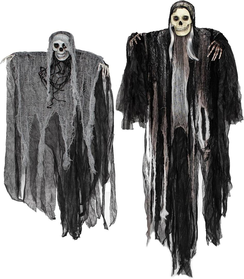 JOYIN 2 Pcs Halloween Hanging Grim Reaper Decorations Outdoor, 53” and 31.5" Halloween Hanging Skeleton Ghosts Scary Decor for Yard Patio Outside Lawn Garden, Haunted House Prop, Party Supplies