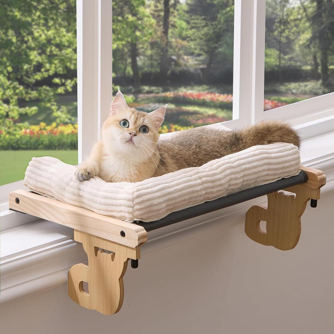 Gardner Pet Cat Window Perch, 2 in 1 Cat Hammock Window Sill Seat with Cushion, Adjustable Cat Bed for Window sill, Wood & Metal Frame for Large Cats(Beige) Gardner Pet Cat Window Perch, 2 in 1 Cat Hammock Window Sill Seat with Cushion, Adjustable Cat Bed for Window sill, Wood & Metal Frame for Large Cats(Beige)