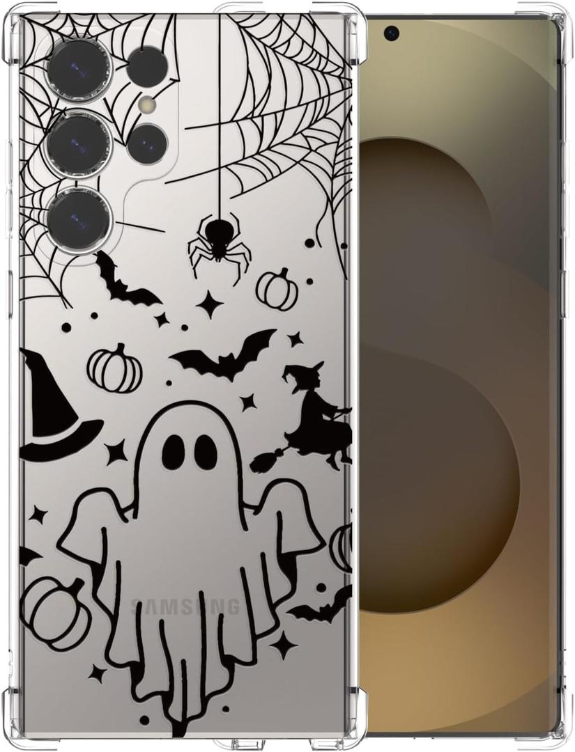 Clear Halloween Phone Case for Samsung S25 Ultra,Black Ghost Pattern Cover Soft Bumper Protective Cute Boys Girls Phone Case for Samsung S25 Ultra-Black Ghost