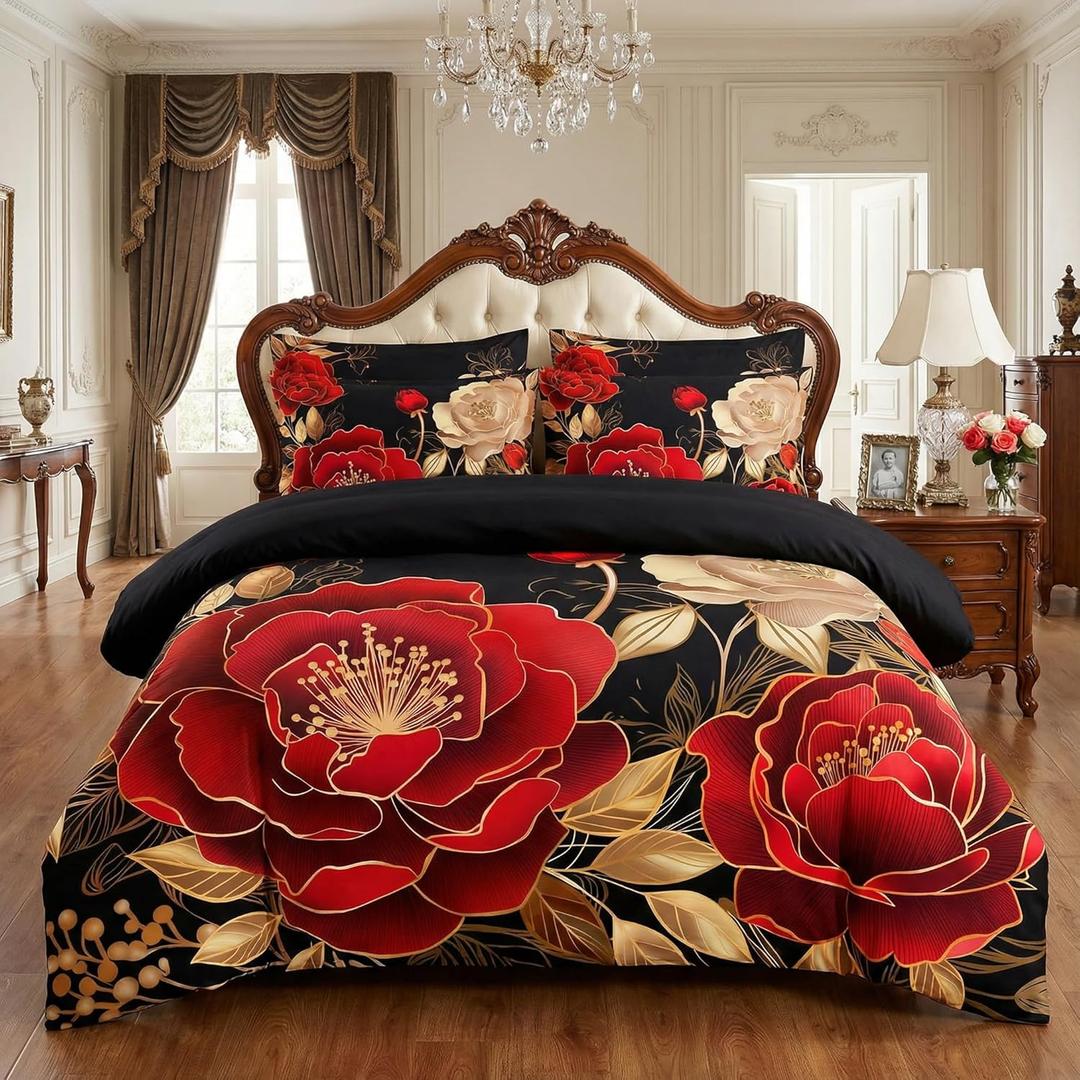 Vintage Floral Comforter Set Queen Size, Black Red Luxurious Penoy Bedding with Golden Leaves for Adult Women, 3Pieces Soft Microfiber Quilted Set with 2 Pillowcase, 90x90