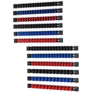 CASOMAN 12PC ABS Socket Organizer, Premium Quality Socket Holders,1/4-Inch x 48 Clips, 3/8-Inch x 90 Clips, 1/2-Inch x 36 Clips, Blue & Red & Black
