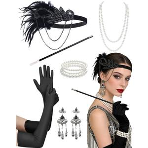 kasahara 1920s Flapper Roraing 20s Costume Accessories Set Feather Headband, Earrings, Pearl Necklace Bracelet, Long Gloves