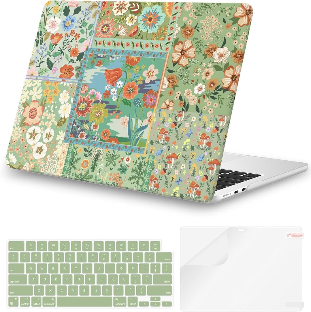 iCasso for MacBook Air 13.6 inch Case M5 2026 M4 2025 M3 M2 2024-2022 Model A3449 A3240 A3113 A2681, Flower Pattern Sturdy Protective Hard Shell Case Cover for Mac Book Air 13 inch, Green
