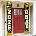 2 x Class of 2026 Graduation Decorations Black and Gold Congrats 2026 GRAD Porch Sign Banner for High School and College Graduation Party Decoration