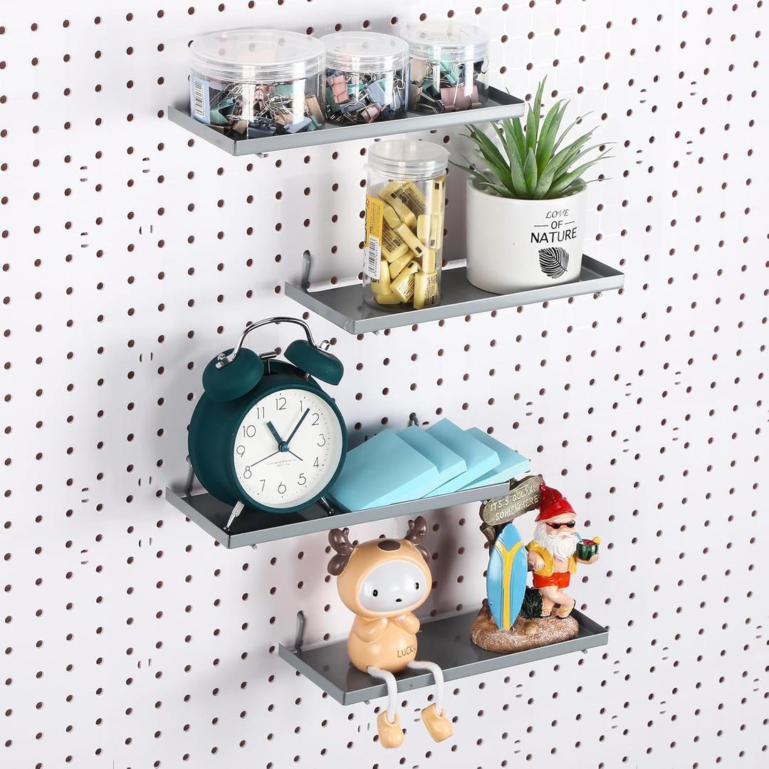 4 Pcs Pegboard Shelves, 10 x 4 Inch Metal Shelf Brackets Pegboard Tray Accessories Wall Organizer for Craft Room Home Garage Nursery Workbench Kitchen (Gray) (Grey)