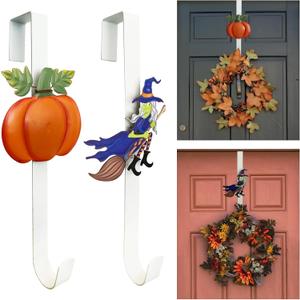 2 Pack Pumpkin & Witch with Fall Wreath Door Hanger, Fall Decoration Metal Over The Door Single Halloween Wreath Hanger Ornament Halloween Wreath Hangers for Front Door,Door Wreath Hanger