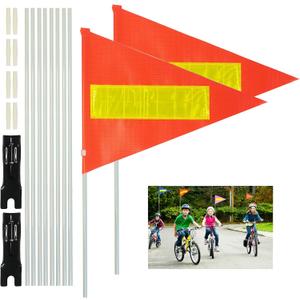 Bike Safety Flag with Pole 2 Sets, 6-Foot Adjustable Height Sturdy Fiberglass Tear-Resistant Waterproof Orange Safety Flag (Red Yellow and White)