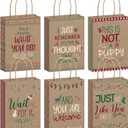 Tenceur 24 Pcs Fun Saying Christmas Holiday Treat Bags - Kraft Christmas Party Favor Goody Bags with Handles - Bulk Xmas Gift Wrapping Supplies