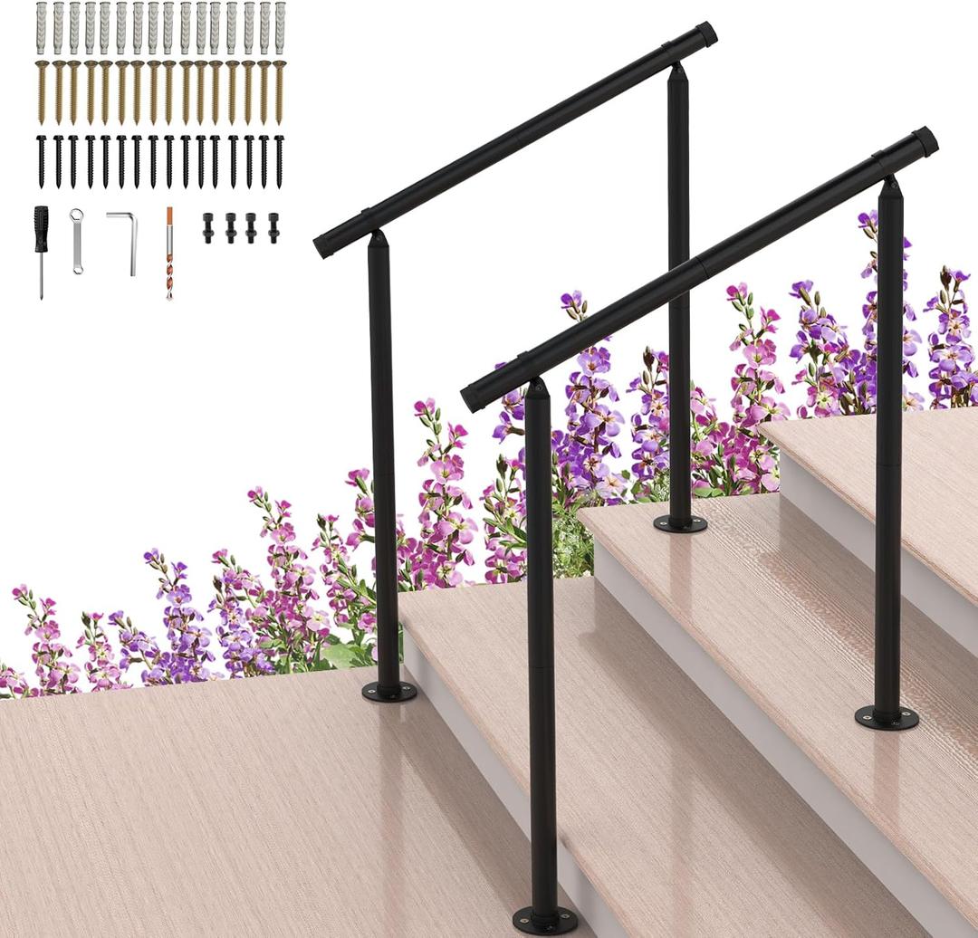 2 Pack Handrails for Outdoor Steps,2 to 3 Steps HandRail Outdoor Stair Railing, Metal Porch Railing, Deck Hand Rail, Black Wrought Iron Railing with Installation Kit for Concrete Steps