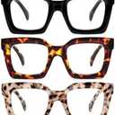 REAVEE 3 Pack Thick Frame Oversized Reading Glasses for Women Blue Light Blocking Computer stylish Readers with Spring Hinge