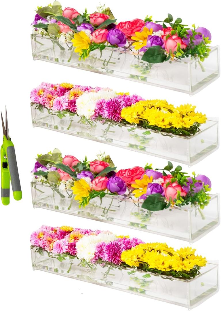 4Pcs Ultra Premium Plastic Vases for Flowers, Flower Arrangement Holder, Dining Table Decor Centerpiece, Small Centerpieces for Tables, Clear Vases for Decor, Acrylic Rectangle Vase, 16" L Each