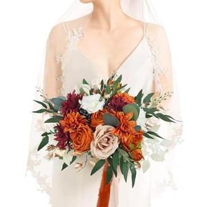 Rinlong 12.5 Inch Burnt Orange Wedding Bouquets for Bride, Terracotta Boho Silk Flowers for Fall Ceremony, Ready to Use Premade Lifelike Artificial Florals for Destination Wedding