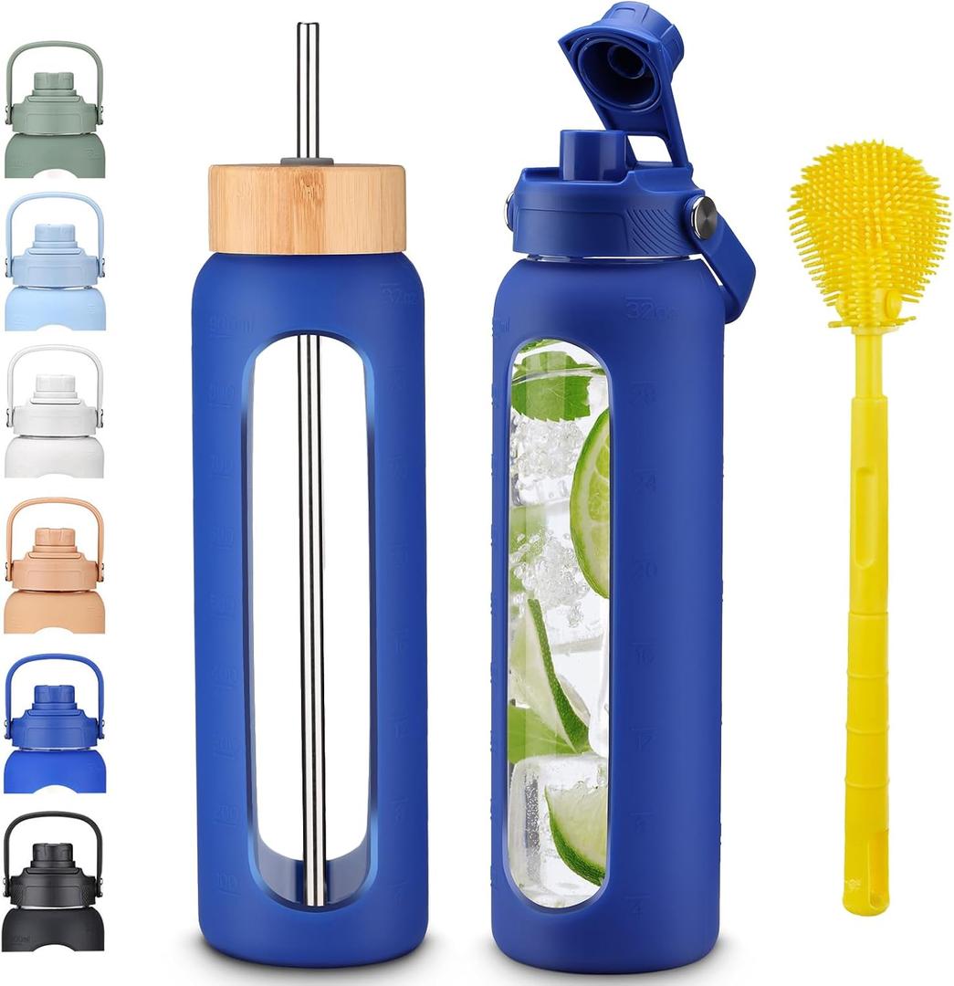 32 oz 1L Borosilicate Glass Water Bottle with Bamboo Lid, Stainless Steel Straw, 2 Leak-Proof Lids, Silicone Sleeve, BPA Free for Gym, Office, Home & Travel