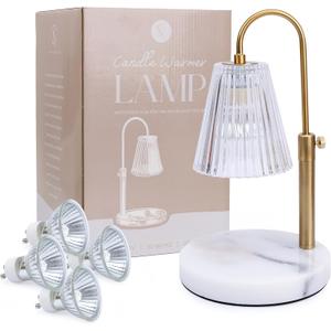 Flameless Candle Warmer Lamp for Jar Candles Large & Small – Dimmable Lamp Candle Warmer Electric with Large Marble Base & Adjustable Height – Candle Melter with Timer and 4 Halogen Light Bulbs