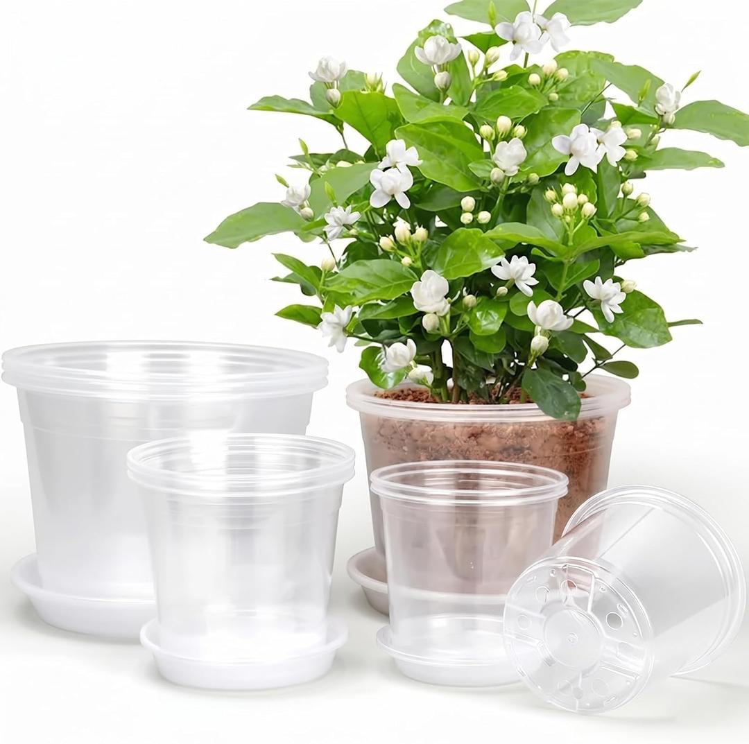 RAOOKIF 10/8/6/5 Inch Clear Nursery Pots with Drainage Hole and Saucers, 12 Pack Large Nursery Pots for Plants for Indoor Outdoor, Plastic Clear Plant Pots for Flowers, Succulents, Vegetables