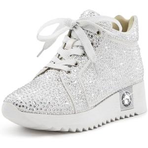 FINDVELL Women's Fashion Glitter Sneakers Platform Wedge Shoes Sparkly Rhinestone High Top Sneakers Trendy Sequin Shoes Wedding Bride Dress, 6