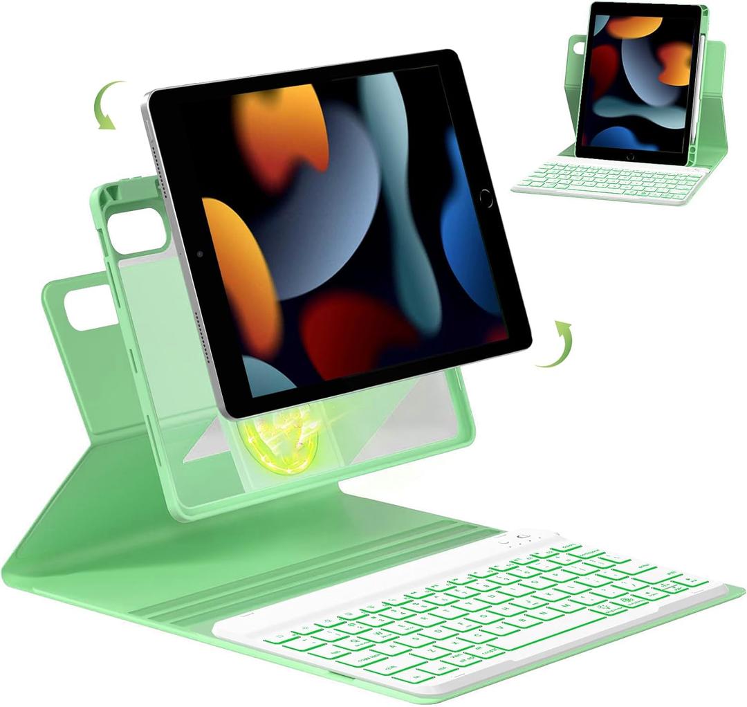 Senyoson Keyboard Case for iPad 7th/8th/9th Generation 10.2'' 2019/2020/2021, 360 Rotatable Magnetic Keyboard Case with Pencil Holder Groove, 7 Color Backlit Wireless Detachable Keyboard (Green)