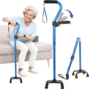 Stand Assist Aid for Elderly - 4-Pronged Stability Cane with Adjustable Foldable Design & Rise Assistance Grip to Reduce Strain When Standing Up