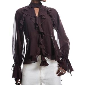 GORGLITTER Women's Ruffle Blouse Party Chiffon Sheer Mesh Shirts Top Long Sleeve Work Business Casual Going Out Outfits Coffee Brown Small
