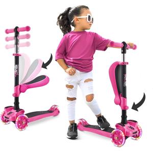 Hurtle 3-Wheeled Scooter for Kids - Wheel LED Lights, Adjustable Lean-to-Steer Handlebar, and Foldable Seat - Sit or Stand Ride with Brake for Boys and Girls Ages 1-14 Years Old (Pink)