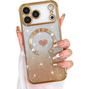 Bonoma Magnetic Glitter for iPhone 17 Pro [Compatible with MagSafe], Luxury Love Heart Pattern Plating Bling Case,Camera Protection Sparkly Slim Soft Back Cover for Women Girls,Gold