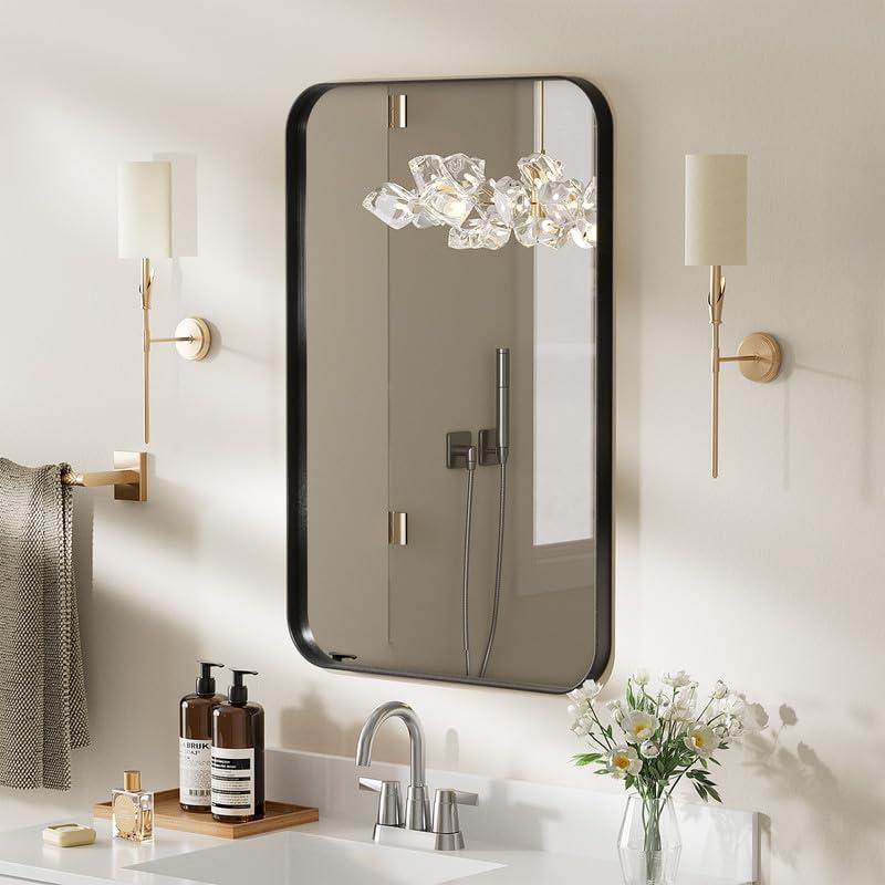 ROOMTEC Black Bathroom Mirrors for Wall, 24X36 Inch Rounded Rectangle Mirror, Matte Black Bathroom Vanity Mirror, Metal Framed Wall-Mounted MirrorHorizontally or Vertically