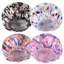 2 x Shower Caps for Women, 4 PCS Reusable Waterproof Bath Cap | Double Layer, Washable, Wide Elastic Band, Holds Long Hair, Caps for Bath Accessories, Spa, Travel Home - Flower C