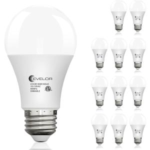 evelor 12-Pack A19 LED Light Bulbs,60 Watt,Daylight 5000K,Dimmable,E26 Base | Efficient 9W,800 Lumens White LED Bulbs,15000 Hours,Ideal for Bedroom Living Study Room