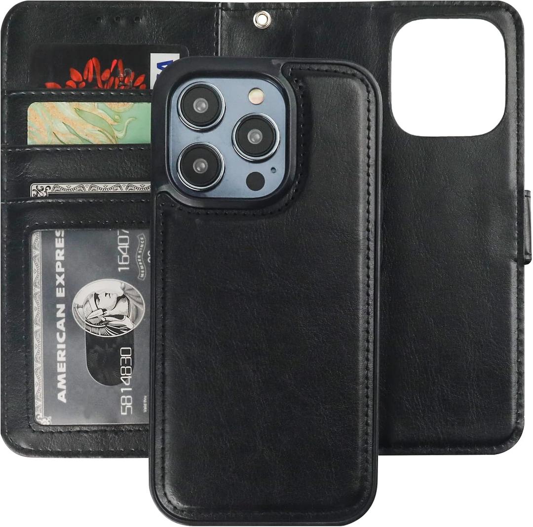 Bocasal Detachable Wallet Case for iPhone 14 Pro RFID Blocking Card Slots Holder Premium PU Leather Magnetic Kickstand Shockproof Wrist Strap Removable Flip Protective Cover 5G 6.1 inch (Black)