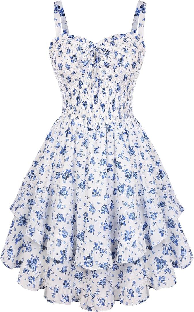 Scarlet Darkness Smocked Floral Sundresses for Women Teens 2026 Summer Flowy Ruffle Mini Dress White Blue Floral XL